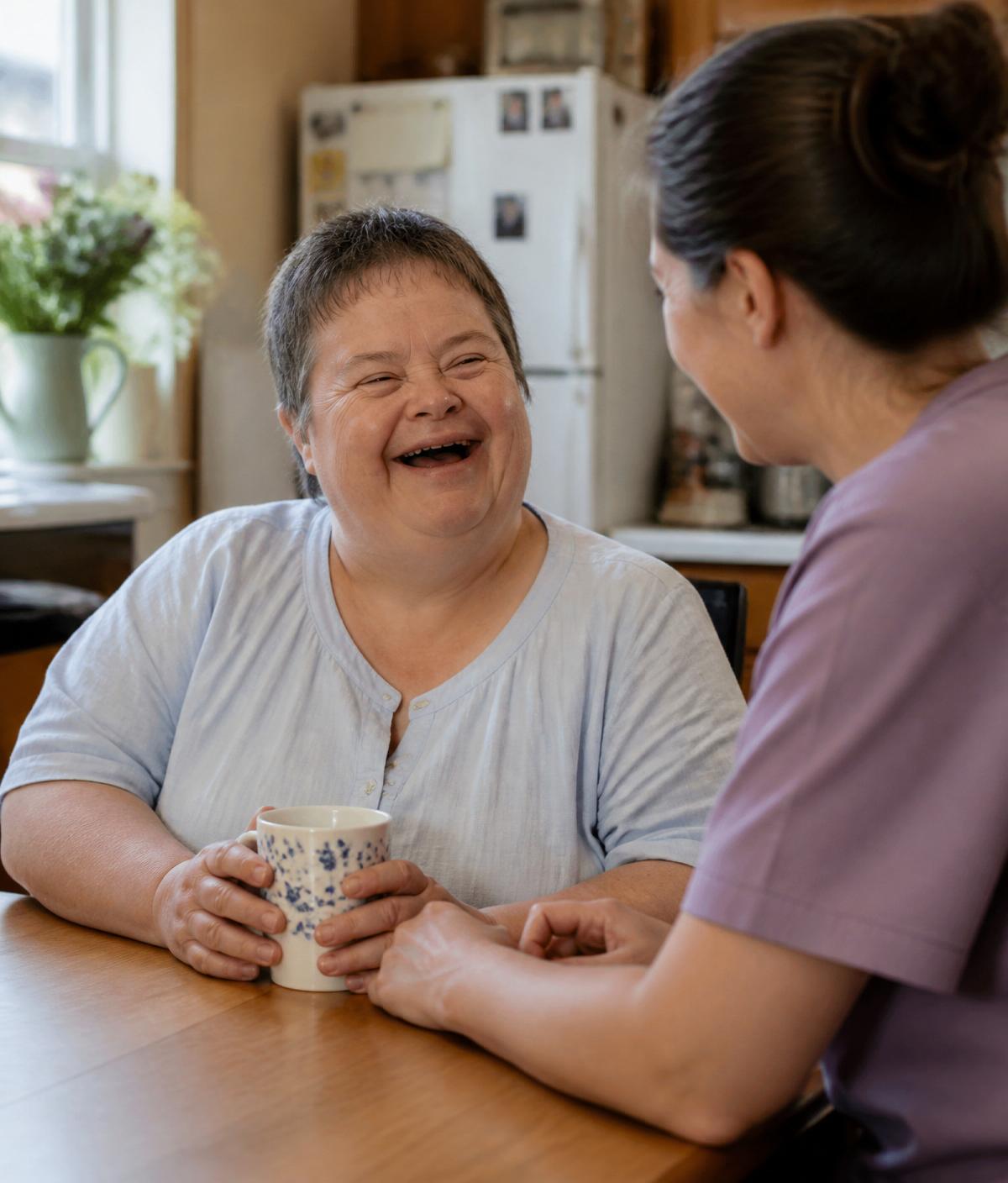 Caregiver and client sharing a warm moment